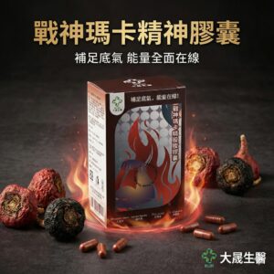 大晟生醫戰神瑪卡精神膠囊產品包裝，搭配祕魯黑瑪卡與能量火焰背景