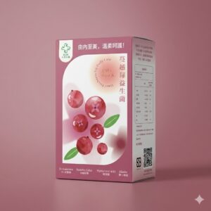 大晟生醫蔓越莓益生菌3D立體產品包裝圖，粉色盒身設計，標示PACs Type A前花青素、專利包埋益生菌、洛神花萼、玻尿酸與彈力蛋白等關鍵成分。
